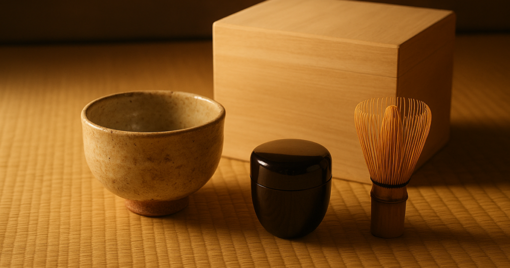 茶碗・棗・茶筅と共箱（茶道具買取の査定対象例）