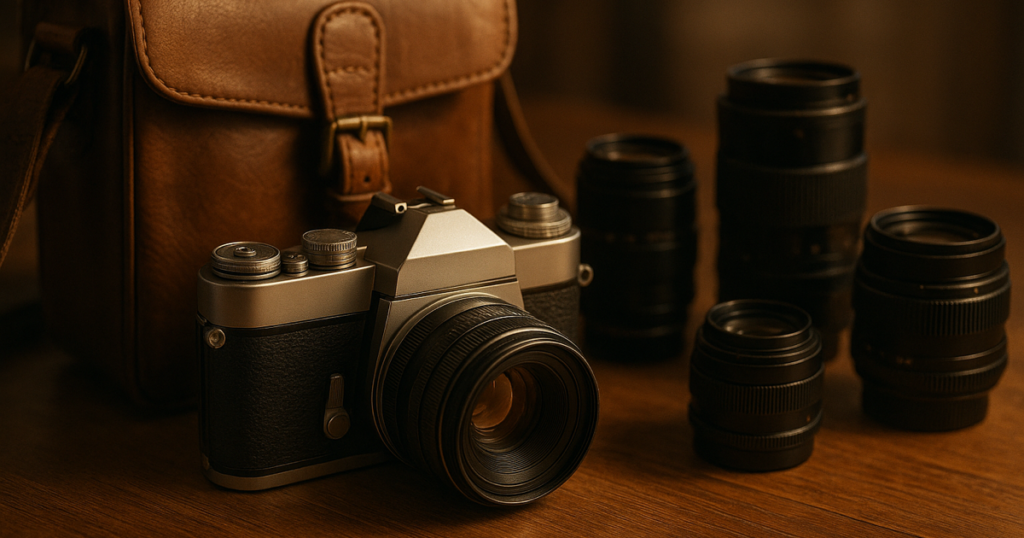 フィルムカメラとレンズ・革のカメラバッグ（カメラ買取の査定対象例）