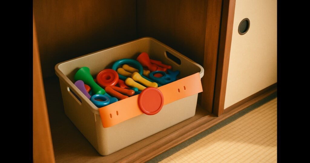 押入れのおもちゃ箱に眠る変身ベルト型玩具（仮面ライダー変身ベルト買取のイメージ）