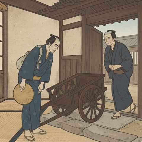 大八車でご自宅へ伺う出張買取のイメージ(浮世絵風イラスト)