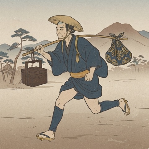 飛脚が荷物を運ぶ宅配買取のイメージ(浮世絵風イラスト)